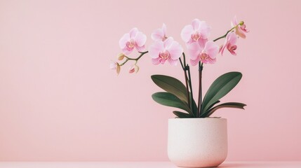 Naklejka premium Pink orchid with delicate blooms in a ceramic pot, isolated against a soft blush background.