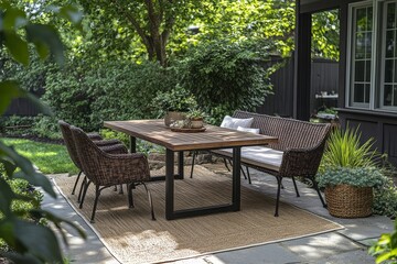 Elegant Outdoor Dining Set with Wooden Table, Black Metal Legs, Dark Brown Wicker Chairs and Bench on Beige Rug in Lush Backyard