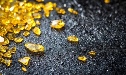 Fototapeta premium Scattered yellow gemstones on textured black background.