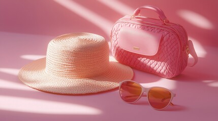 Pink handbag, sunhat & sunglasses on pink background.