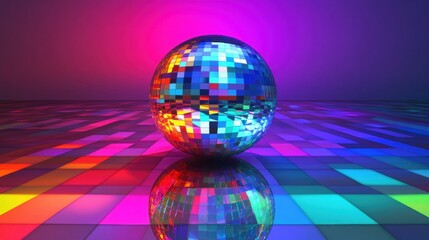 Retro disco ball casting vibrant light patterns in a dimly lit room, creating a lively and...