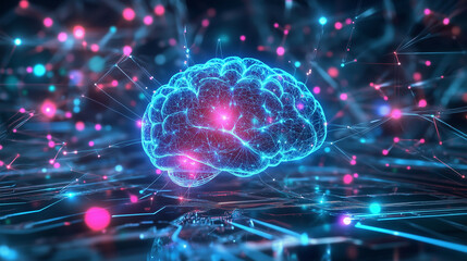 Digital brain with glowing neural connections and colorful data points on a dark background.Used for articles, presentations, web design and marketing materials related to digital technology, science 