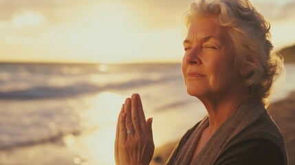 Calm woman meditating by the ocean waves