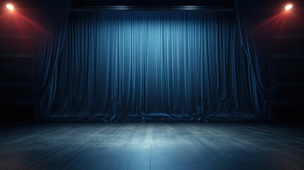 Backstage View of Blue Curtains in a Dramatic Theater Setting with Soft Lighting and a Wooden Stage Floor