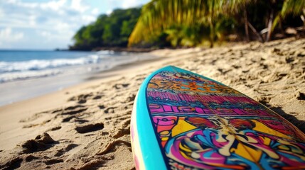 Retro surfboard adorned with vibrant 1980s patterns resting on a sunny beach, evoking nostalgic...