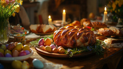 A festive Easter feast in a countryside home, featuring roasted lamb, braided bread, and colorful eggs, with family members gathered around the table in prayer. 