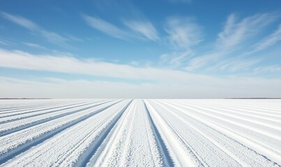 Snow-covered field with tire tracks under blue sky.