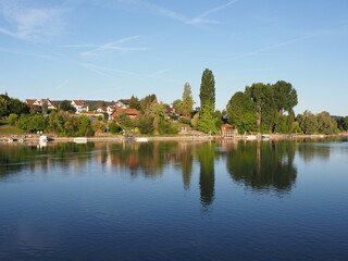Pier at Rhine River in STEIN AM RHEIN town in SWITZERLAND