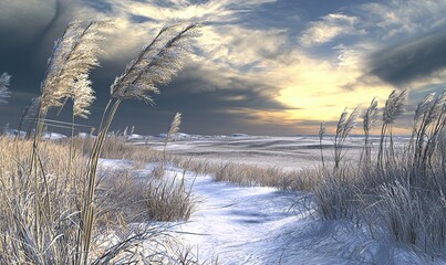 Snowy beach landscape at sunset with tall grasses.