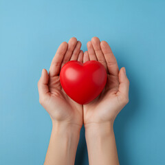 Fototapeta premium Two hands gently holding a red heart against a blue background, symbolizing care and love.