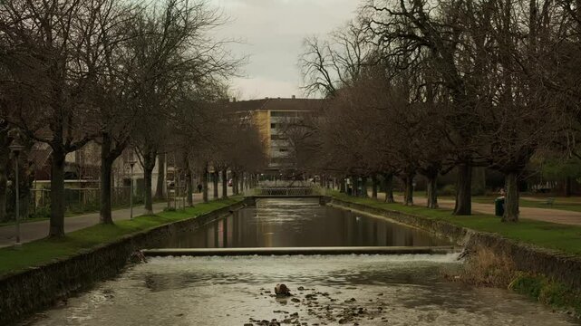 Establishing shot of La Morges river in Morges in Canton of Vaud Switzerland