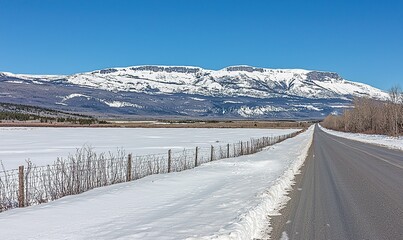 Snowy road through winter fields towards snow-capped mountains.