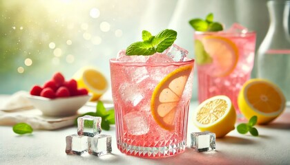 Fototapeta premium Refreshing Cold Iced Pink Lemonade Drink with Ice Cubes and Lemon Slice