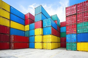 Fototapeta premium Stacked colorful shipping containers at port terminal under blue sky.