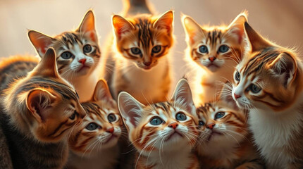 a group of curious cats stand in a circle and look down