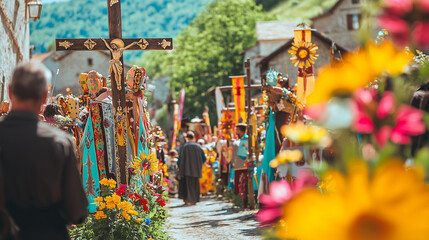 Obraz premium A vibrant Easter procession in a small village, with people carrying wooden crosses and religious banners. Colorful spring flowers line the path