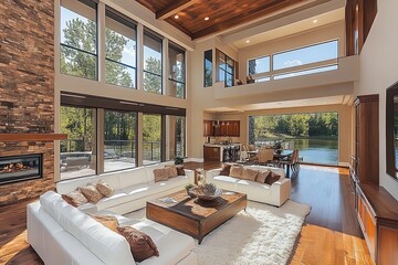 A modern living room with large windows overlooking a serene lake, featuring stylish furniture and a cozy atmosphere.