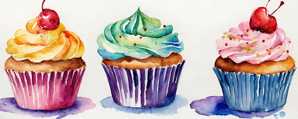 Colorful watercolor painting of four delicious cupcakes topped with swirls of frosting and cherries on a white background