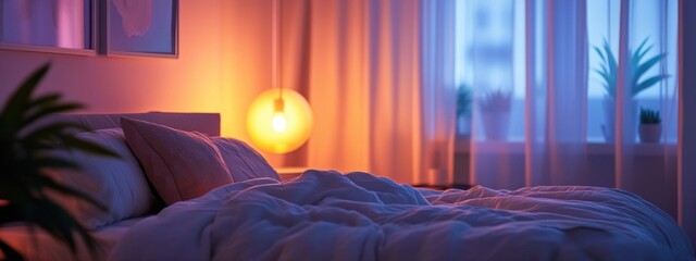 Cozy bedroom ambiance, inviting bed, soft warm lighting, tranquil early bedtime routine, peaceful and calming atmosphere