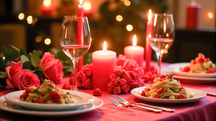 Romantic Valentine&rsquo;s Day dinner table setting with candles, flowers, and desserts