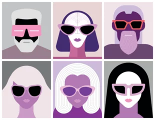 A vector illustration featuring six diverse front-facing portraits of individuals wearing sunglasses, in a flat design.