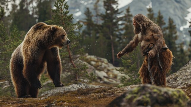 Grizzly bear standing and ready to fight a trapper against the background of the Norwegian mountains.