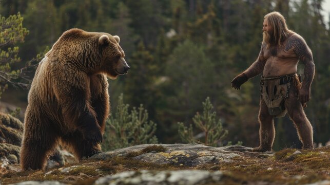 Grizzly bear standing and ready to fight a trapper against the background of the Norwegian mountains.