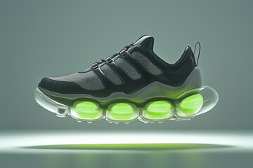 sneakers with an anti-gravity concept. The sneakers are made from super comfortable down material, featuring a silver and black color scheme with neon green accents