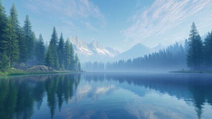 Tranquil Lake Reflection, a peaceful lake mirroring lush forests and majestic mountains, creating a harmonious natural landscape.