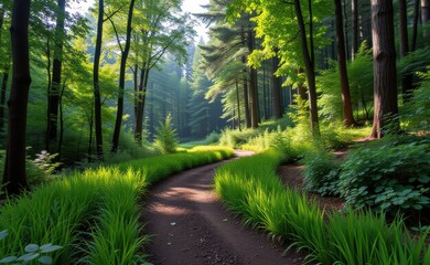 Obraz premium A winding dirt road through a lush green forest bathed in sunlight.