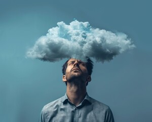 Dark cloud above head on engineer. Isolated on blue background with clear, empty, copy space. A surreal burnout concept, depiction of a person with a cloud above their head, symbolizing thoughts, idea