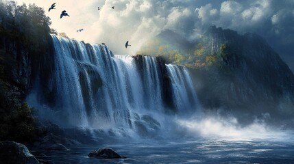 Fototapeta premium Majestic Waterfall Cascading Down Rocky Cliffs Birds in Flight Serene Nature Landscape