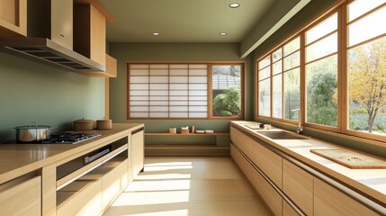 A contemporary Japanese kitchen interior with soft green walls, wooden cabinetry, and beige countertops, reflecting an earthy and serene design