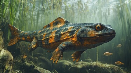 Reconstruction of the Devonian amphibian Ichthyostega, illustrating the transition from aquatic to land life during the Devonian period, a pivotal moment in Earth's evolutionary history. 