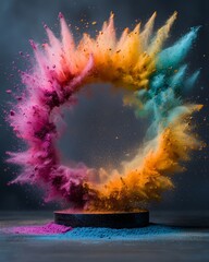 Obraz premium Vibrant Holi Powder Explosion Colorful Rainbow Burst Circular Design Festive Abstract Art