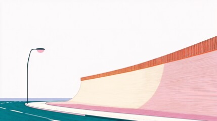 Serene Minimalist Illustration: Gently Curving Wall Meets Road. AI Generated