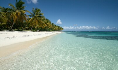 Tropical beach with palm trees, white sand, turquoise water and blue sky.