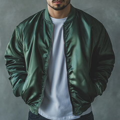 a man wearing a plain green varsity jacket. Varsity Jacket Mockup. Dull gray cement wall background, Ai generated images