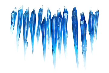 Fototapeta premium Set of sharp crystal blue icicles hanging down on transparent background, png cutout for nature, season, weather, glacial, cold and icy atmosphere