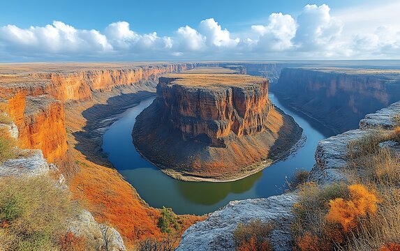 Panoramic view of a horseshoe bend river in a canyon during autumn.