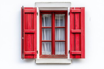 Red shutters, open window, white wall, village view, home decor