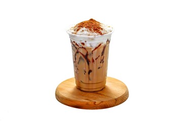 Latte ice coffee serving on wooden plates on white background and isolate style.
