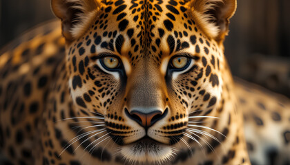 Obraz premium A close-up portrait of a leopard showcasing its striking facial features and distinctive coat pattern. The leopard's intense gaze and detailed fur texture are highlighted, creating a captivating image