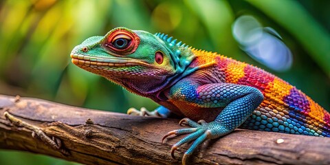 Obraz premium A close up of a colorful lizard camouflaged on a tree branch, lizard, reptile, tree, branch, camouflage, wildlife, nature