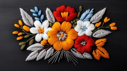 Obraz premium Vibrant Thread Embroidery Floral Bouquet Colorful Flowers Leaves on Black Background Needlework Art