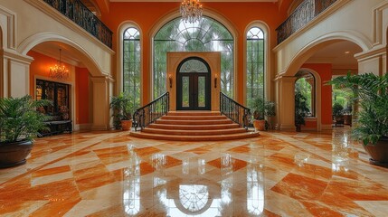Obraz premium Elegant entryway with grand staircase and polished marble floors in a luxurious home.