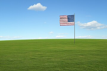US flag waving on green hill under blue sky, ideal for patriotic themes.