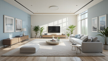 Fototapeta premium A modern living room with minimalist design, featuring a large white sofa, wooden furniture, and green plants. Sunlight streams through large windows, creating a bright and airy atmosphere.