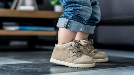 Child's tiny feet in soft shoes standing on floor indoor home environment closeup view for family moments