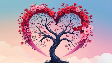 Fototapeta premium Heart-shaped tree with vibrant pink and red flowers, symbolizing love and romance, set against a serene pastel sky, perfect for Valentine's Day themes and romantic occasions